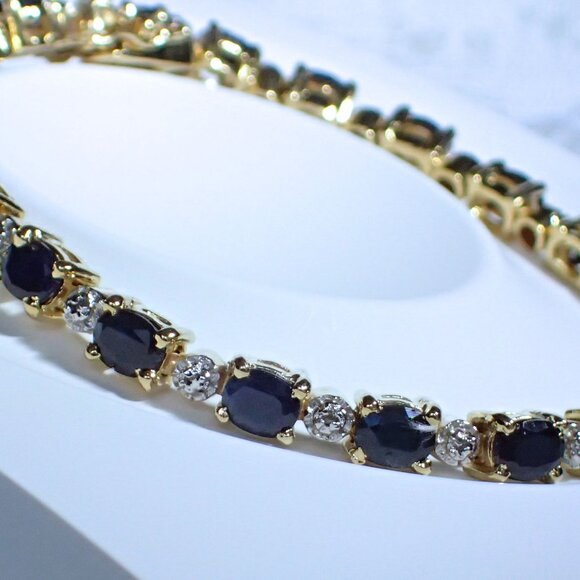 Genuine Midnight Sapphire & Diamond Tennis Bracelet - Picture 2 of 12